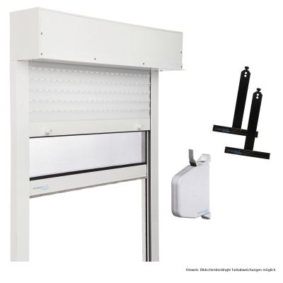 Vorbaurollladen ALU (überputzbar) einbruchshemmend mit Insektenschutz Eckiger Kasten 90° in weiß mit Gurt - individuell konfigurieren!